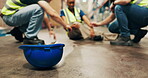 Logistics, hat or people in depot with accident, fall or emergency in supply chain. Safety, compliance or employees in warehouse with ppe, floor injury or risk prevention in distribution industry.