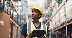 Tablet, black woman and logistics worker in warehouse for inspection, checklist or stock with delivery. Digital technology, communication and African supply chain manager with details for ecommerce.