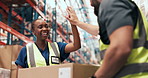 Woman, high five and team at logistics warehouse, boxes and happy with flare for celebration. People, engineer and low angle with goals, success and achievement for supply chain at distribution plant