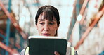 Tablet, inspection and woman logistics worker in warehouse for online checklist for stock with delivery. Digital technology, communication and supply chain manager with information for ecommerce.