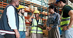 Woman, staff and talking with tablet in warehouse for logistics, supply chain and inventory. People, team and discussion with digital for stock inspection, delivery feedback and shipping information