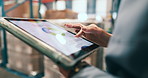 Logistics, tablet and hands of woman with graphs in warehouse for stock, backlog control or delivery. Tech, supplier and walk in factory for inventory export, storage management or supply chain