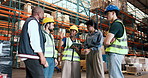 Group, people and talking with tablet in warehouse for logistics, supply chain and inventory. Staff, team and discussion with digital for stock inspection, delivery feedback and shipping information