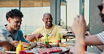 Eating, lunch or happy people outdoor together for bonding, share meal or conversation for social gathering. Reunion, talk or friends with party for connection, barbecue or support for relationship