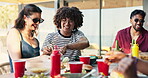 Outdoor, party or friends sharing meal for bonding, sunglasses or conversation for social gathering. Reunion, laugh or happy people with lunch for connection, healthy food or support for relationship