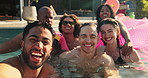 Resort, face of friends and selfie in pool for swimming memory, summer holiday and bonding. Laughing, group of people or photo in water at hotel for travel adventure, status update or profile picture