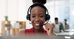 Call center, face and woman with headset, smile and telemarketing for sales, talking or consultation. Salesperson, lead generation and chat with contact for offer, happy and communication with mic