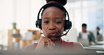 Thinking, woman and headset with computer in call center for problem solving of client inquiry. Person, reading and coworking with thoughts, online assistance and script solution of technical support