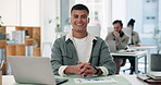 Face, man and smile with laptop in office for career pride, about us and data analysis for finance. Portrait, male person and coworking with graphs on document, financial statistics and profit growth