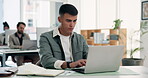 Business, man and typing on laptop in office for record keeping, data entry and coworking. Accountant, employee and tech at workplace for wealth management, track expenses and budget plan preparation