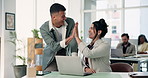 Creative agency, high five and people in office, laptop and approval for online submission. Employees, copywriting and journalist in workplace, pc and connection with social media campaign and email