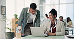 Collaboration, laptop and research with business people in office for planning, article review and project. Teamwork, meeting and man with woman for help, discussion and feedback for source report
