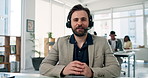 Face, headset and video call with business man in office for communication, feedback or workshop. Explain, pov and virtual meeting with employee person at desk in workplace for development webinar