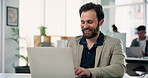 Man, smile and typing in office with laptop for news report, blog post and journalism project idea. Person, coworking or browse with computer for article research, story insight or media publication.