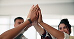 Business, hands and group with high five at work for office community, team building and cooperation. Support, people and collaboration for company solidarity, partnership and professional mission