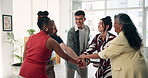 People, hands together and stack in office with success, applause and achievement of marketing goals. Team, huddle and clapping with celebration, collaboration and milestone for advertising company.