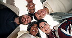 Below, face and business people in circle with smile for team building, cooperation and connection. Diversity, group huddle and happy employees with collaboration for solidarity, synergy and support