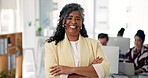 Face, arms folded and happy business woman with confident financial manager, laugh and about us. Portrait, funny professional and mature leader in workplace for investment, smile and coworking