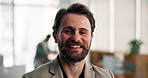 Face, enterprise and happy business man in office with confidence, financial advisor and about us. Portrait, professional and wealth consultant with investment, corporate and coworking in company