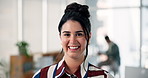 Face, smile and business woman in agency as event planner, laugh or coworking for career opportunity. Portrait, funny professional and creative person in office as venue organizer, about us and pride