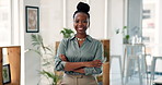 Face, recruitment and black woman with arms crossed in office, confident and talent acquisition for smile. Portrait, professional and hr manager with pride for company hiring, about us and laugh