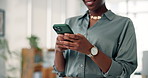 Smartphone, hands typing and business woman with email response, laugh or article feedback. Mobile, journalist and happy person texting in office for funny story, news and joke with meme online
