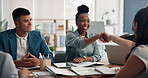 Business, people and handshake in office with meeting for digital marketing agreement, contract and talk. Creative, team and shaking hands with online advertising approval, b2b deal and cooperation.