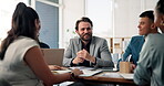 Collaboration, finance and meeting with business people at desk in office for investment discussion. Conversation, planning and update with employee team in financial workplace for feedback or review