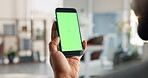 Green screen, phone and hands in business office, online communication and email notification app. Connectivity, check company schedule and person with mobile for research, mockup space and internet