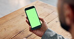 Green screen, mobile and hands in business office, online communication and email notification app. Connectivity, check company schedule and person with phone for research, mockup space and internet