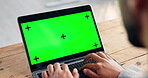 Green screen, hands and laptop with business person at desk in office for planning or research. Computer, display and mockup space with employee in workplace for administration, report or typing