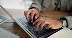 Hands, business and person typing on laptop for research, finance planning and budget review. Accounting, keyboard and pc for funding email, financial data entry and documents for investment proposal