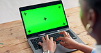 Green screen, hands and laptop with person typing at desk in office for planning or research. Computer, display and mockup space with business woman in workplace for administration or report