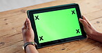 Green screen, tablet or hands at office desk, online communication or download business email app. Connectivity, digital company agenda or person browsing internet for research, mockup space and tech