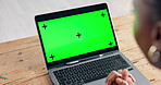 Green screen, laptop and thinking with hands of person at desk in office for planning or research. Computer, display and mockup space with business woman in workplace for administration or report