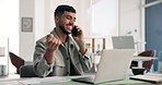 Laptop, phone call and smile with business man in office for consulting or finance review. Computer, conversation and explain with happy employee at work for financial investment or wealth management