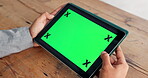 Green screen, tablet or hands at table in office, online communication or download business email app. Connection, digital company agenda or person browse internet for research, mockup space or tech