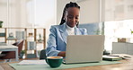 Media agency, laptop and black woman in office, internet and research for creative proposal. Person, planning and employee with pc, online reading and website info with magazine editor and submission