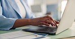Hands, business and woman typing on laptop for research, finance planning and budget review. Accountant, keyboard and pc for funding email, financial data entry and documents for investment proposal
