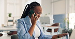 Documents, laptop and phone call with business black woman in office for financial consulting. Computer, conversation and paperwork with African employee at work for finance or investment review