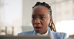 Stress, laptop and black woman with shock for business email with error, bad news or bankruptcy. Computer, surprise and accountant in office with mistake for audit, financial crisis and account fraud