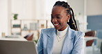 Laptop, thinking and black woman in office with email for positive feedback on creative project. Technology, research and African magazine editor with computer for article publishing in workplace.