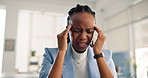 Frustrated, black woman or headache with stress for deadline, mistake or fatigue in office. Tired, female person or pain with migraine or sore head for mental health, burnout or pressure in workplace