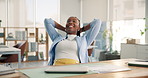 Media agency, relax and black woman with laptop, stretching and smile with finished task. African person, copywriting and journalist with pc, submit news report or completed assignment with success