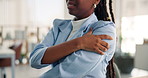 Black woman, arm and injury with pain in office for joint inflammation or muscle tension. Female person, hands or sore shoulder with discomfort for fibromyalgia, overworked strain or pressure at work