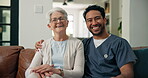 Smile, face and nurse with old woman on sofa for medical, advice, support and retirement. Elderly care, healthcare and caregiver with senior patient and man in living room of nursing home for help