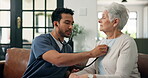 Stethoscope, help and nurse with old woman on sofa for medical, support and breathing. Heartbeat checkup, healthcare and caregiver with senior patient and man in nursing home for consulting and exam