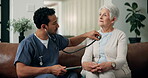 Stethoscope, tablet and nurse with old woman on sofa for medical, support and breathing. Heartbeat checkup, healthcare and online results with senior patient and man in nursing home for help and exam