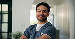 Nurse, face of man and arms crossed in home for health support, homecare or about us pride. Flare, caregiver or happy in assisted living for medical service, career integrity or healthcare assistance
