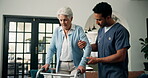 Assisted living, help or walking frame with nurse and old woman in apartment for elderly care. Assistance, balance or walker with caregiver and senior patient with disability in home for healthcare